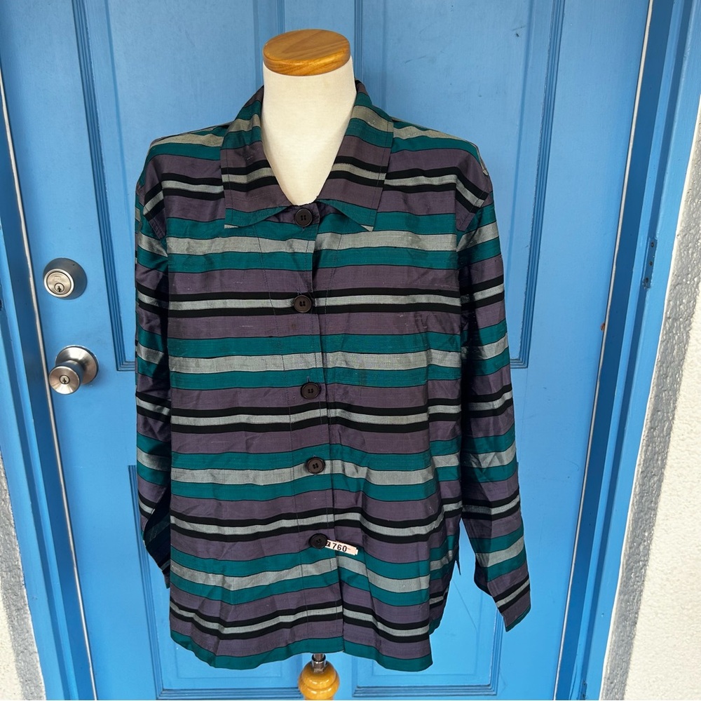 JM Collection 100% Silk 2x, Blue Purple Silver Long Sleeve Button Up